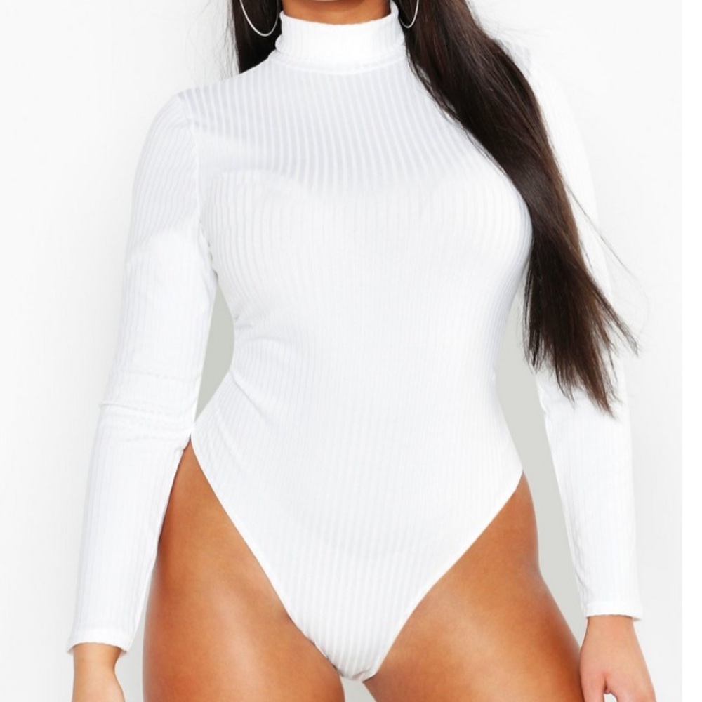 Boohoo White Turtleneck Rib Knit Bodysuit Sz.18